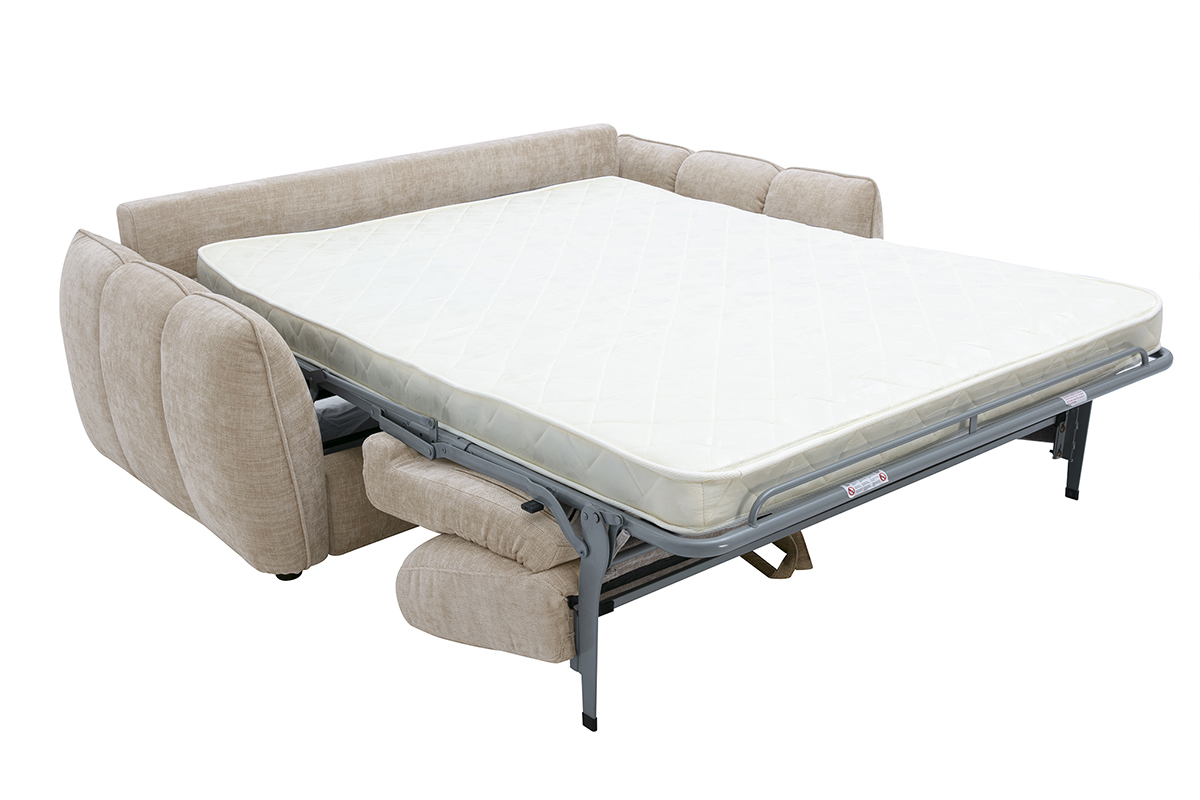 Divano letto design a 3 posti taupe, aperto con materasso visibile, vista laterale