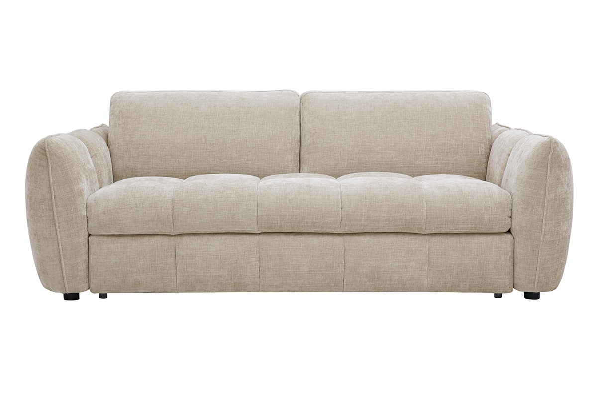 Divano letto design a 3 posti in tessuto effetto velluto testurizzato tortora, vista frontale