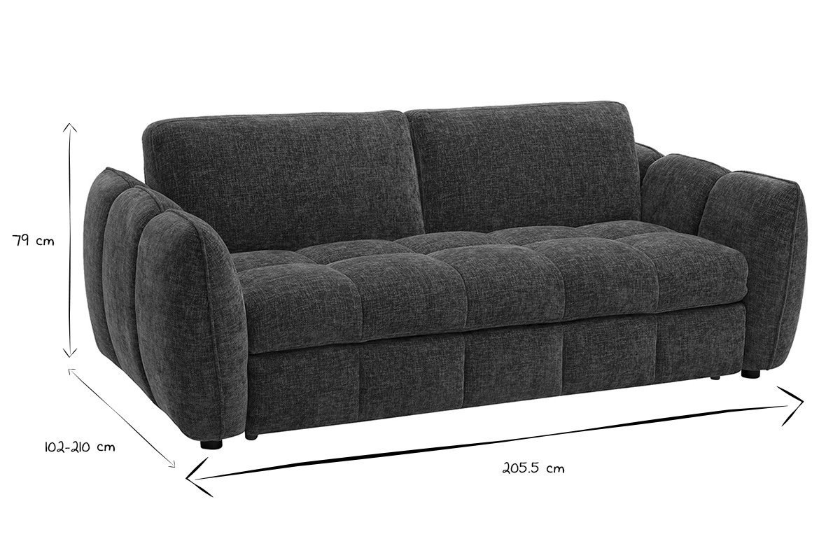 Dimensioni del divano letto di design a 3 posti in bianco e nero, L205,5 x P102-210 x H79 cm.
