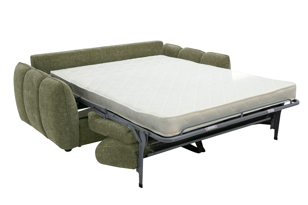 Divano letto di design a 3 posti in tessuto effetto velluto testurizzato verde kaki, vista laterale con materasso aperto.
