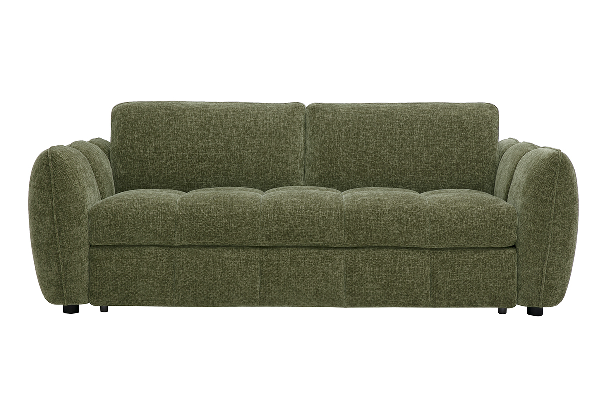 Divano letto di design a 3 posti in tessuto effetto velluto testurizzato verde kaki, vista frontale