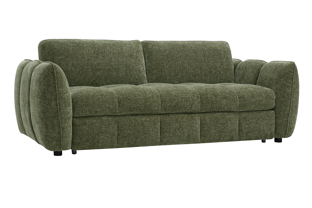 Divano letto design a 3 posti in tessuto effetto velluto testurizzato verde kaki, vista a 3/4