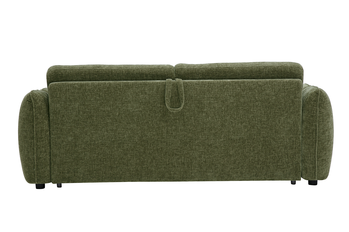 Divano letto di design in tessuto velluto testurizzato verde kaki, vista posteriore.