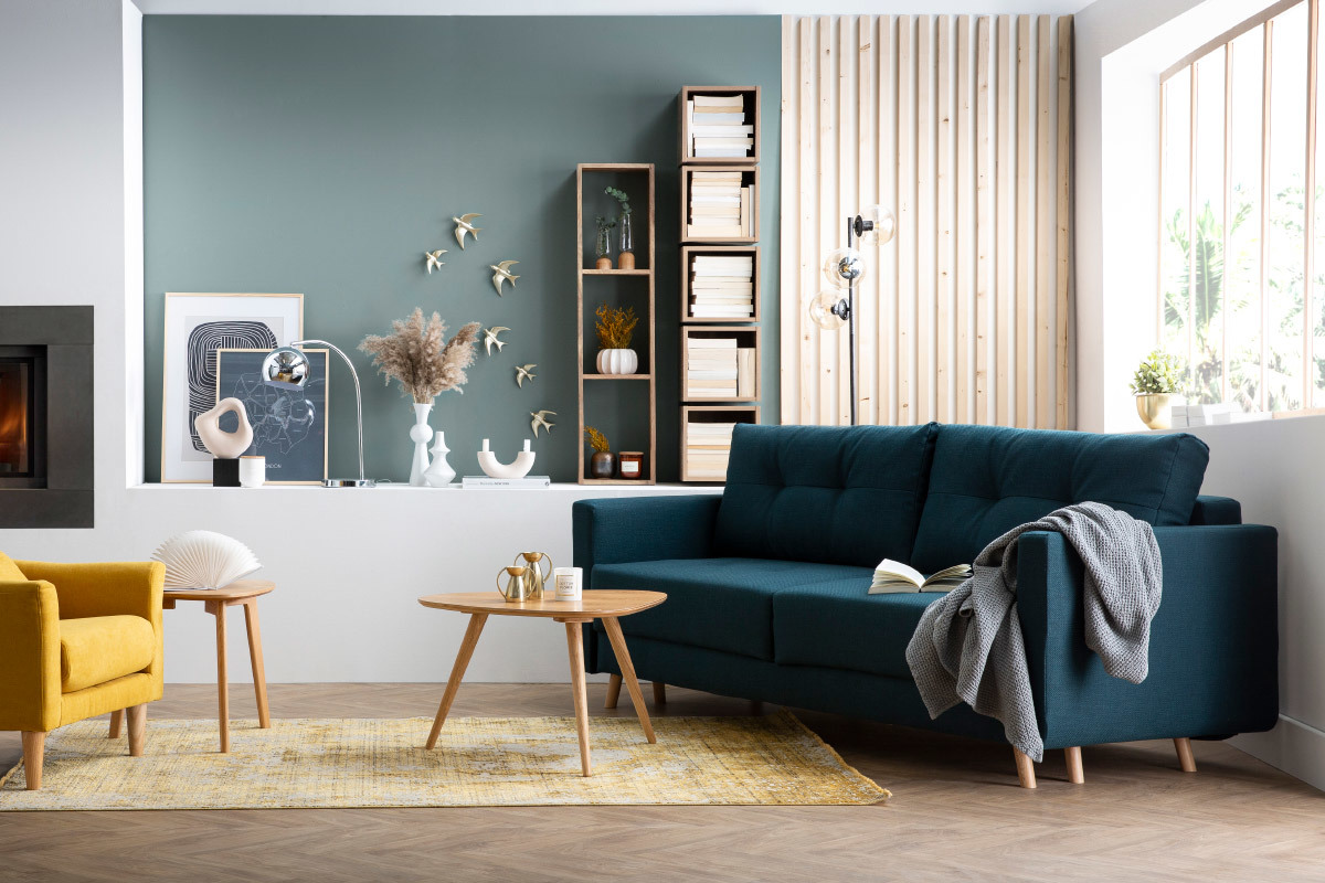Divano letto scandinavo 3 posti con contenitore grigio MIRA