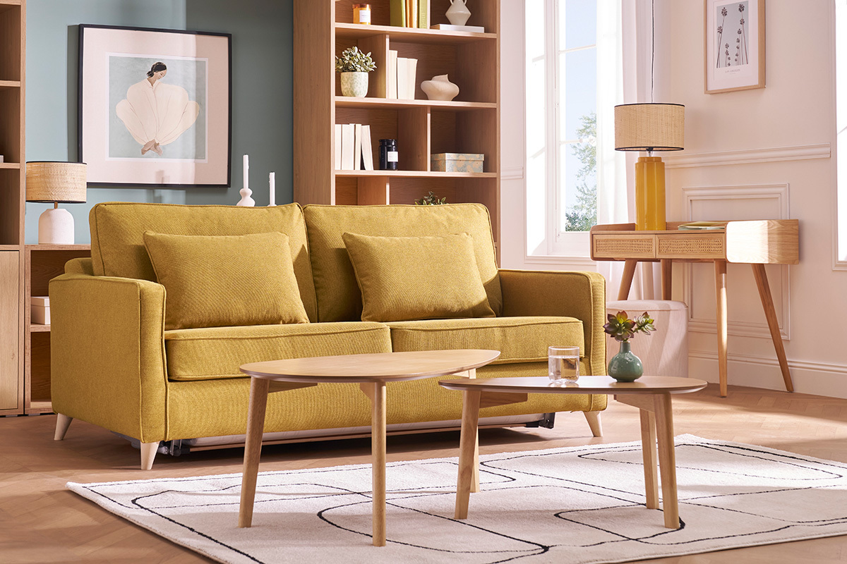 Divano letto scandinavo 3 posti giallo cumino con materasso 10 cm PAPEL