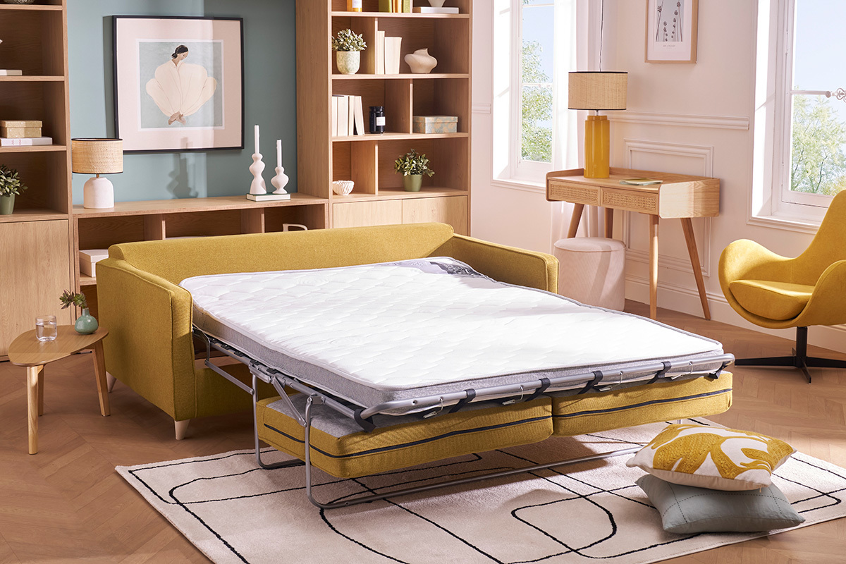 Divano letto scandinavo 3 posti giallo cumino con materasso 10 cm PAPEL