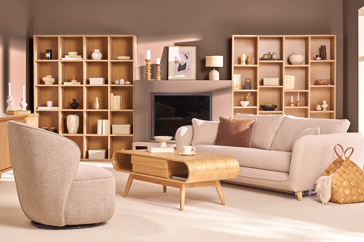 Divano letto scandinavo 3 posti in tessuto beige naturale con materasso 10 cm CREEP