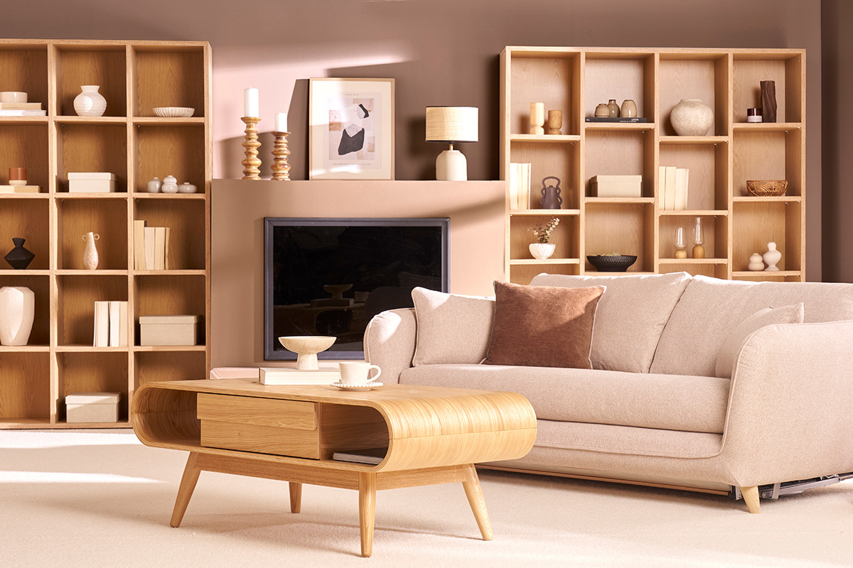 Divano letto scandinavo 3 posti in tessuto beige naturale con materasso 10 cm CREEP