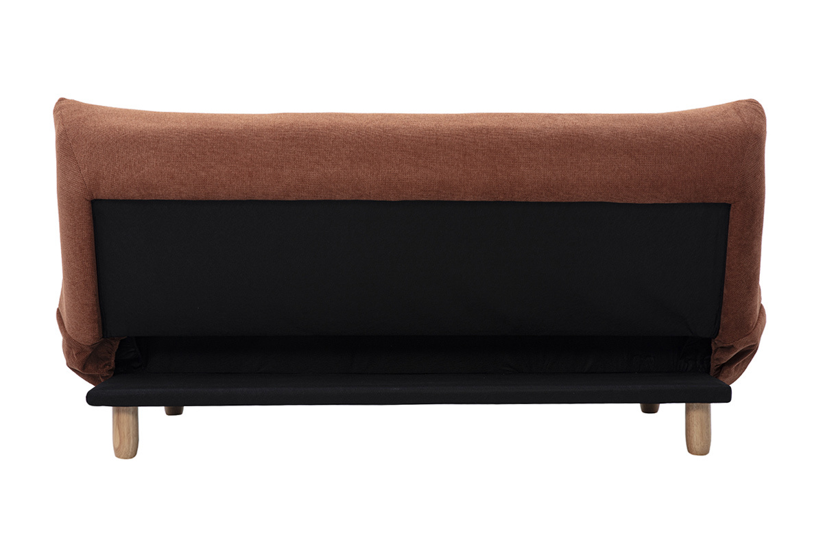 Vista posteriore del divano letto a 3 posti YUMI in tessuto di ciniglia color terra bruciata e legno chiaro.