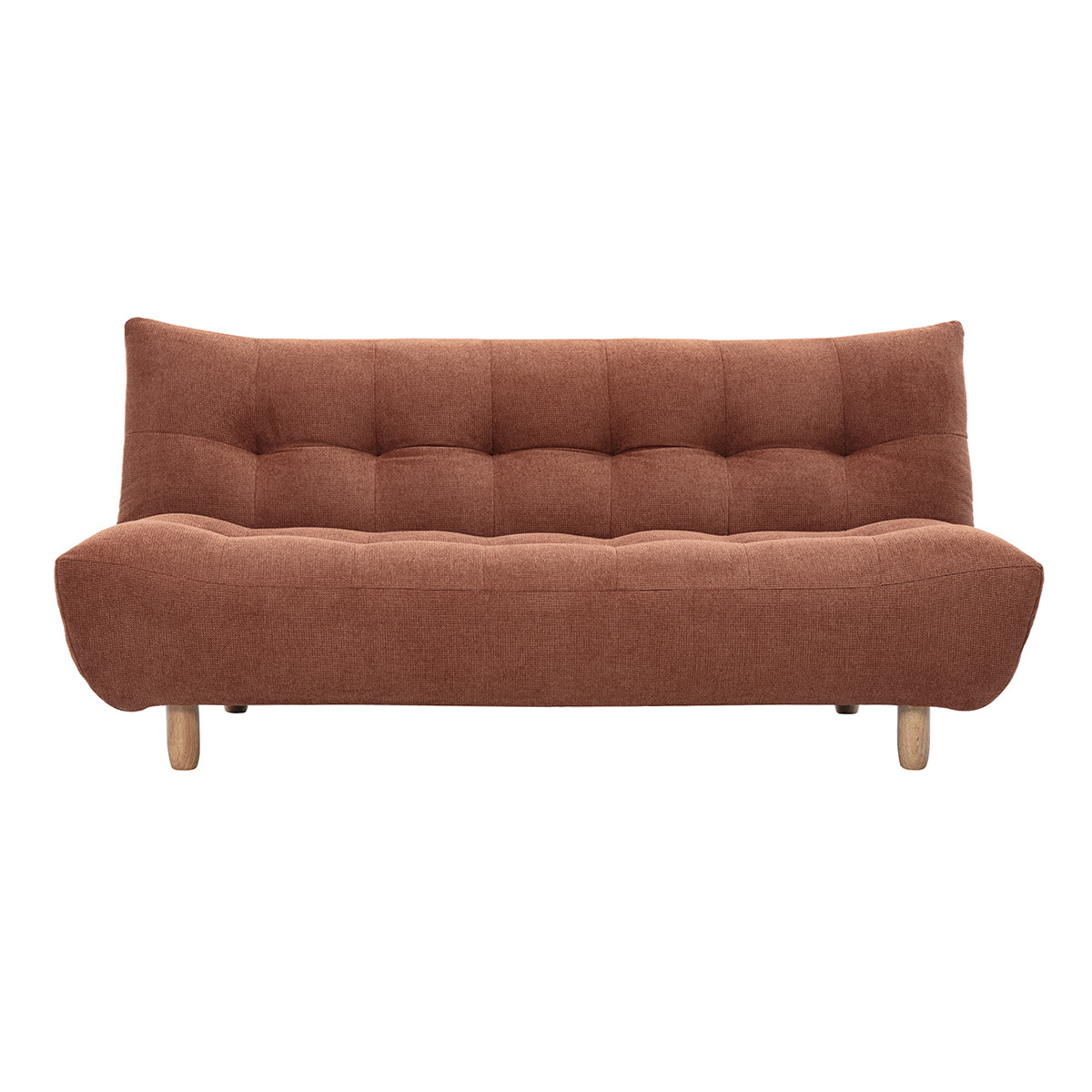Divano letto scandinavo 3 posti in tessuto ciniglia terra bruciata e legno chiaro YUMI