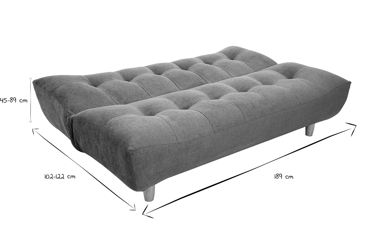 Dimensioni di un divano letto in bianco e nero: 189 cm di lunghezza, 45-89 cm di altezza, 102-122 cm di profondit�.