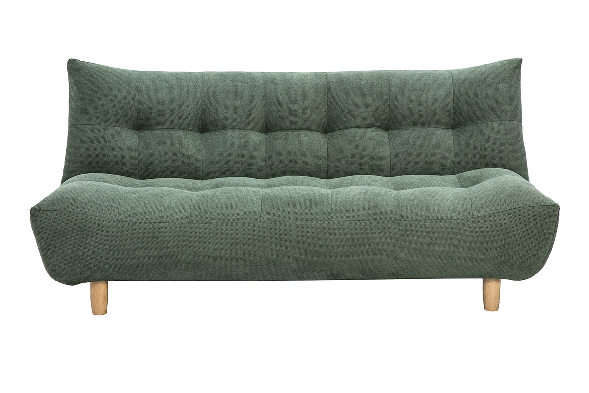 Divano letto a 3 posti in tessuto verde kaki e piedi in legno chiaro, vista frontale.