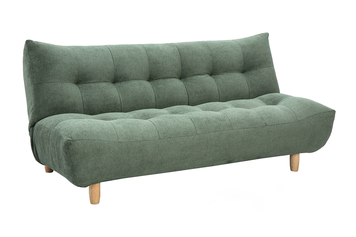 Divano letto scandinavo verde kaki 3 posti, piedi in legno chiaro, vista da 3/4.