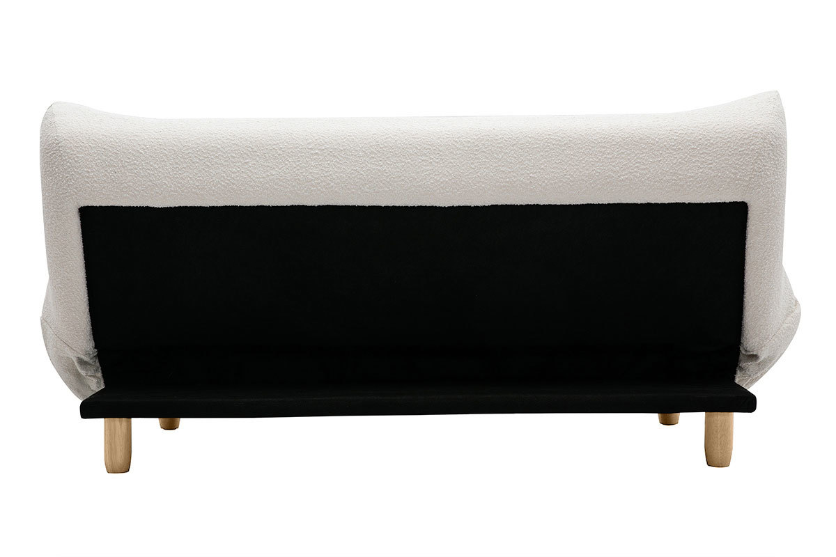 Divano letto scandinavo 3 posti in tessuto effetto lana boucl bianco e legno chiaro YUMI