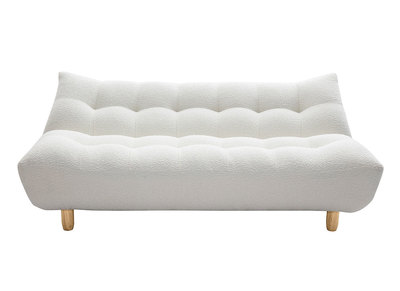 Divano letto scandinavo 3 posti in tessuto effetto lana bouclé bianco e legno chiaro YUMI