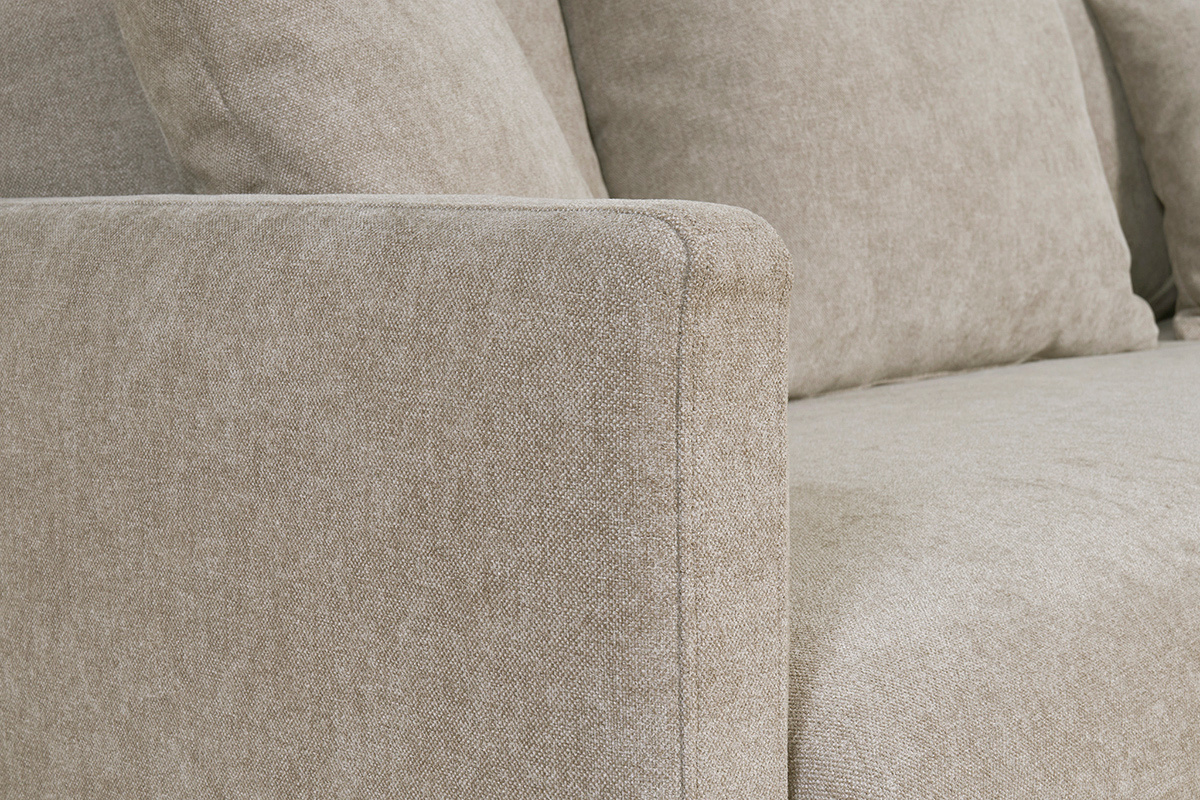 Divano letto scandinavo 3 posti in tessuto effetto velluto color talpa e legno chiaro LOUISE