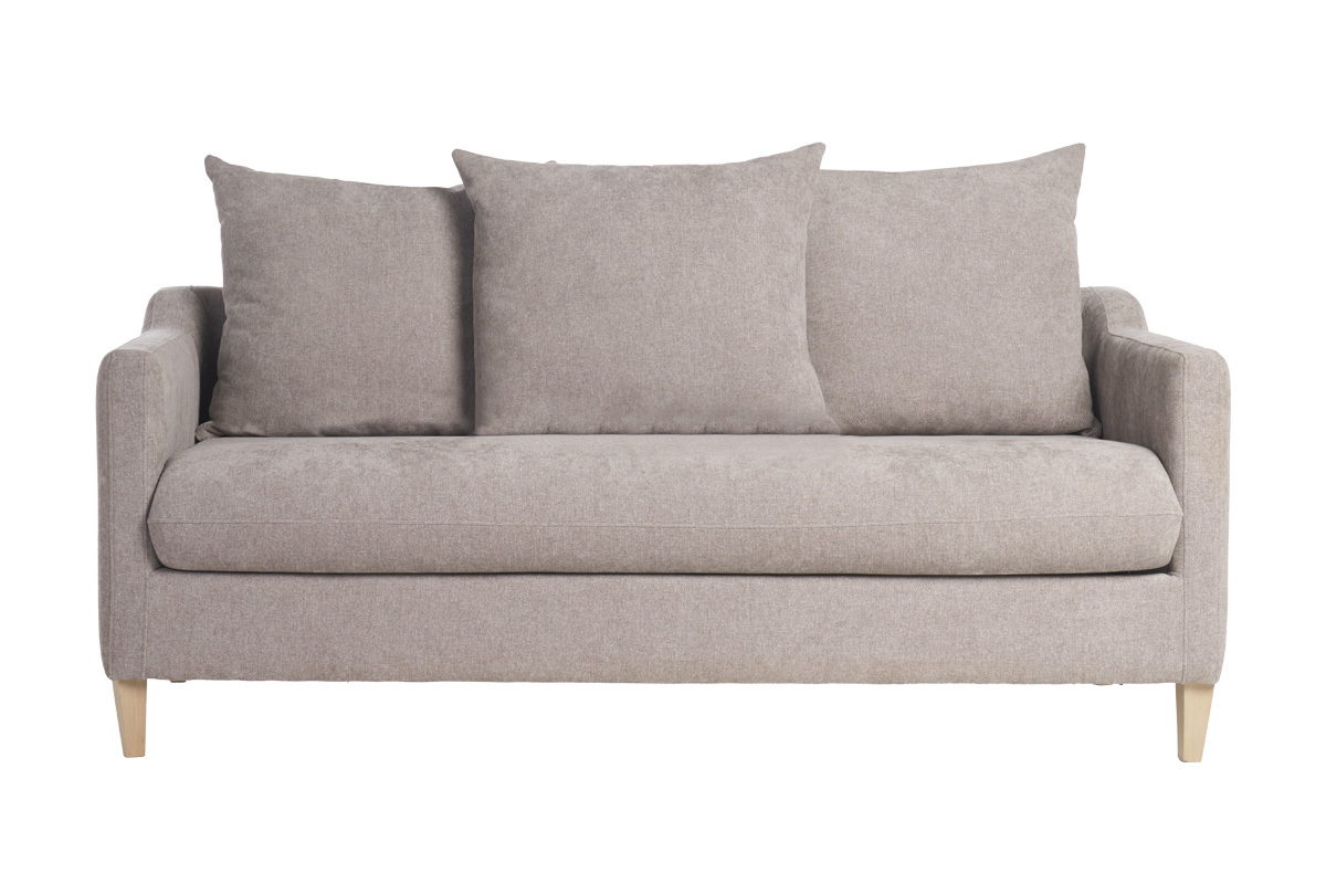 Divano letto scandinavo 3 posti in tessuto effetto velluto color talpa e legno chiaro LOUISE