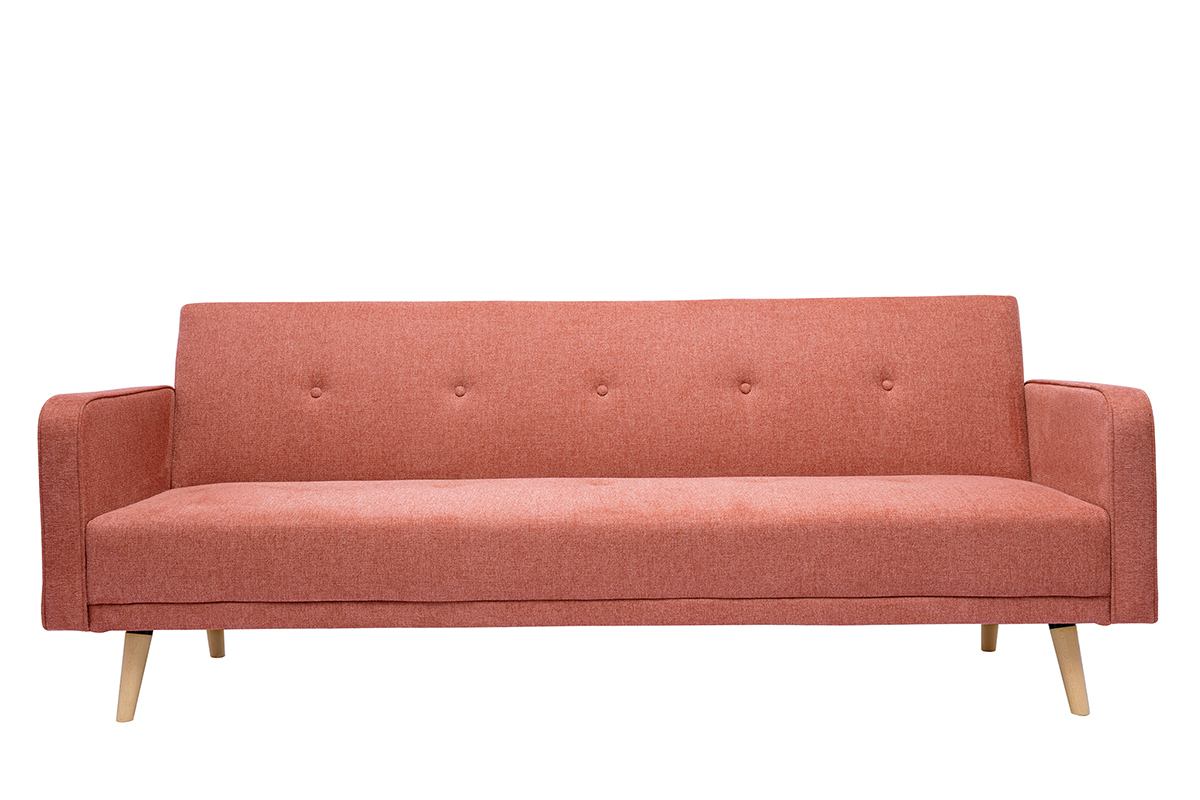 Divano letto scandinavo 3 posti in tessuto effetto velluto testurizzato color terracotta e legno chiaro ULLA