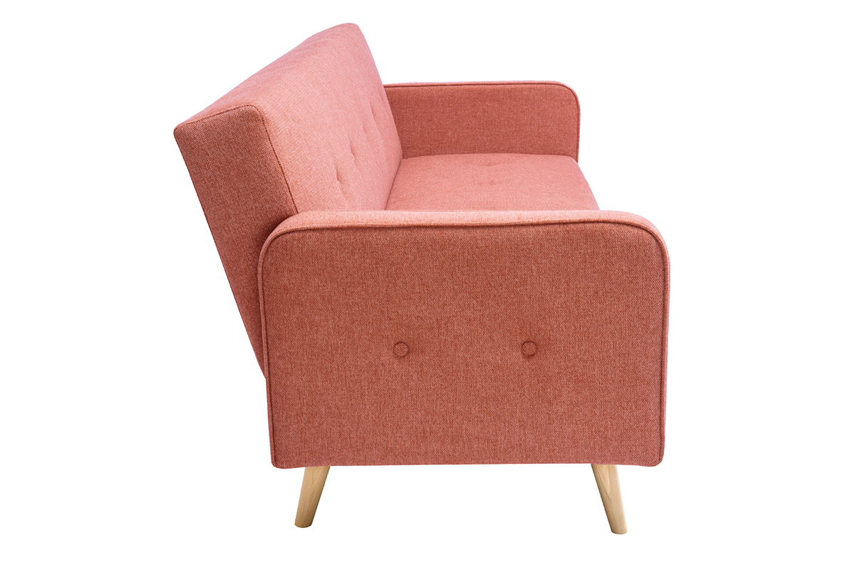 Divano letto scandinavo 3 posti in tessuto effetto velluto testurizzato color terracotta e legno chiaro ULLA