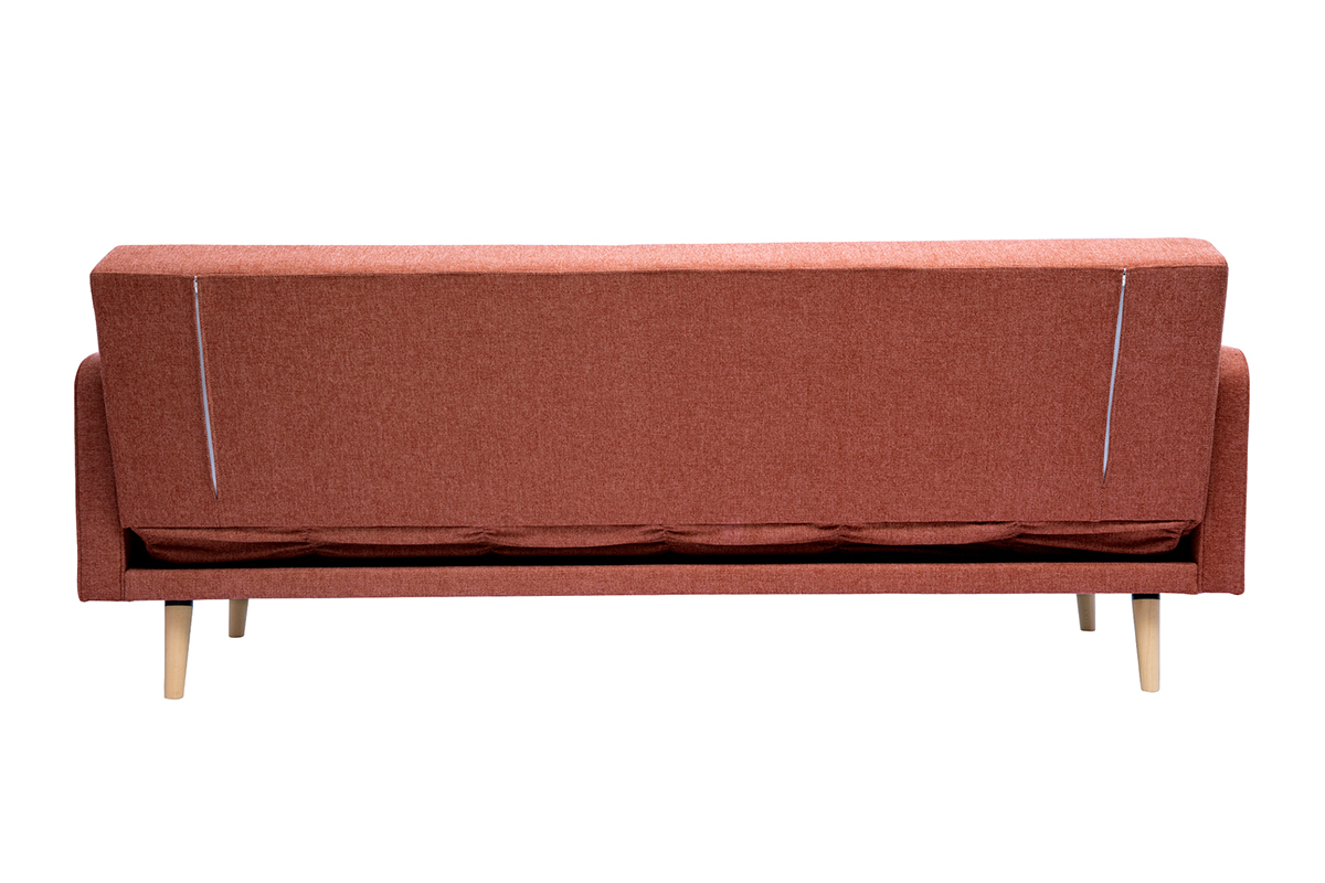 Divano letto scandinavo 3 posti in tessuto effetto velluto testurizzato color terracotta e legno chiaro ULLA