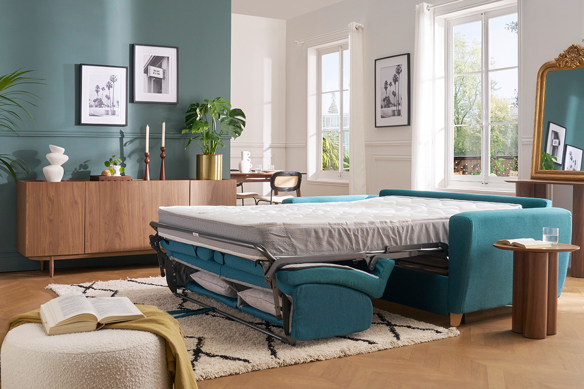 Divano letto scandinavo blu anatra con materasso 18 cm GRAHAM