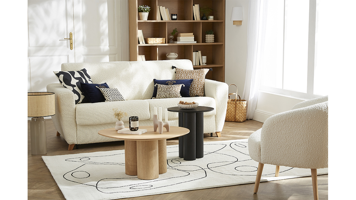 Divano letto scandinavo effetto lana boucl cru con materasso L140 cm E12 cm GRAHAM