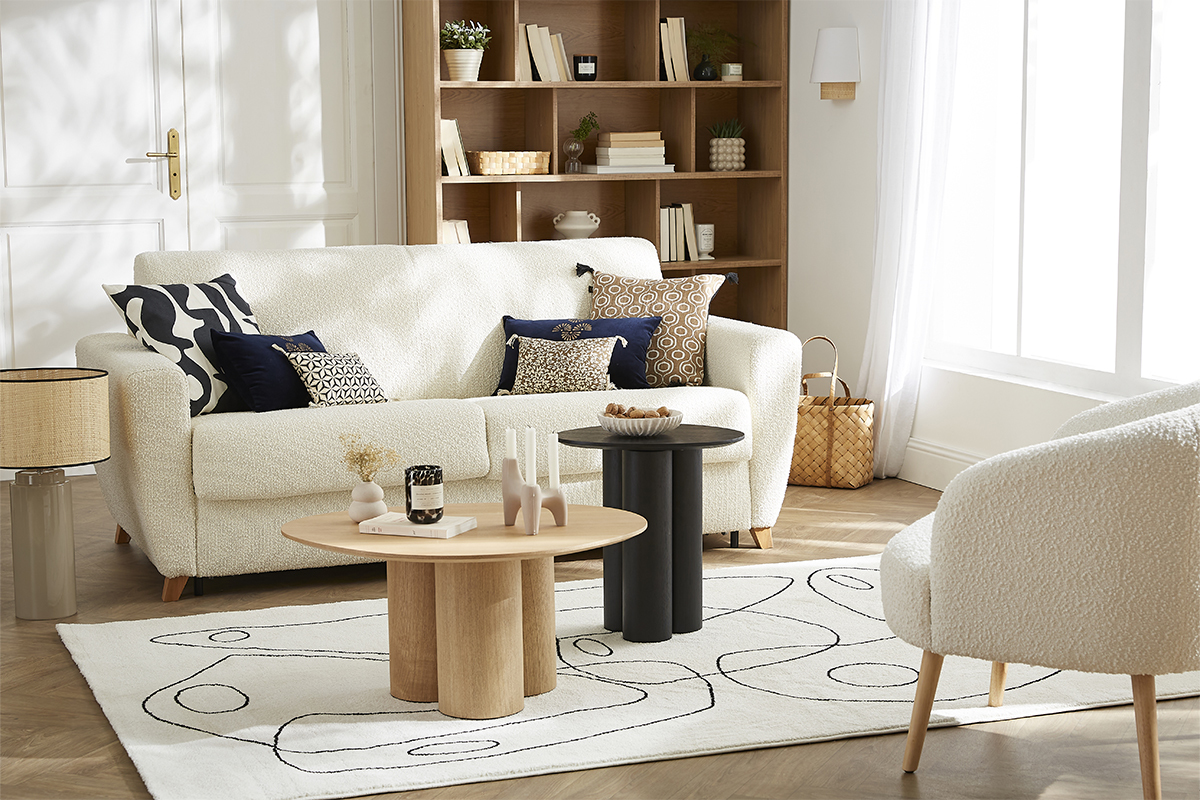Divano letto scandinavo effetto lana boucl cru con materasso L140 cm E12 cm GRAHAM