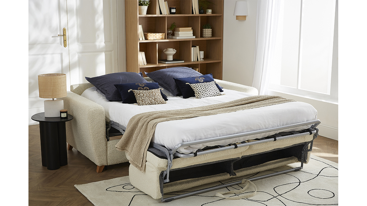 Divano letto scandinavo effetto lana boucl cru con materasso L140 cm E12 cm GRAHAM