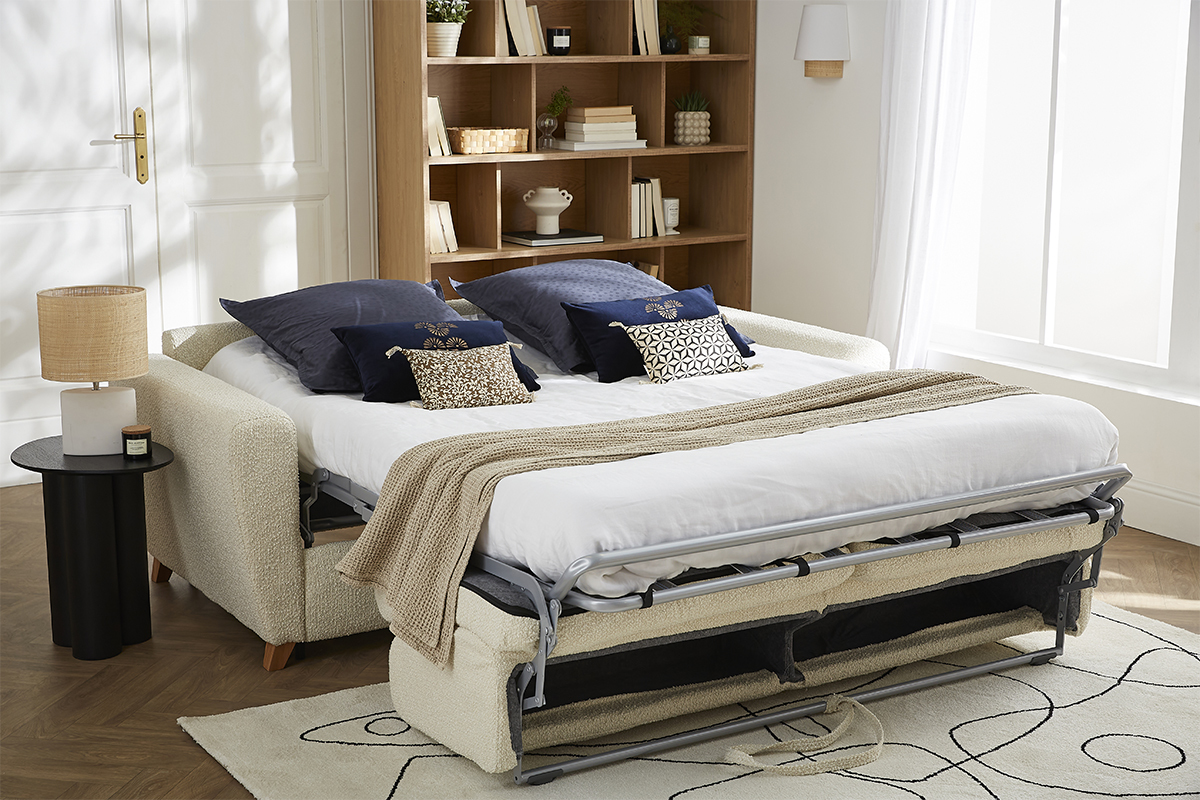 Divano letto scandinavo effetto lana boucl cru con materasso L140 cm E12 cm GRAHAM