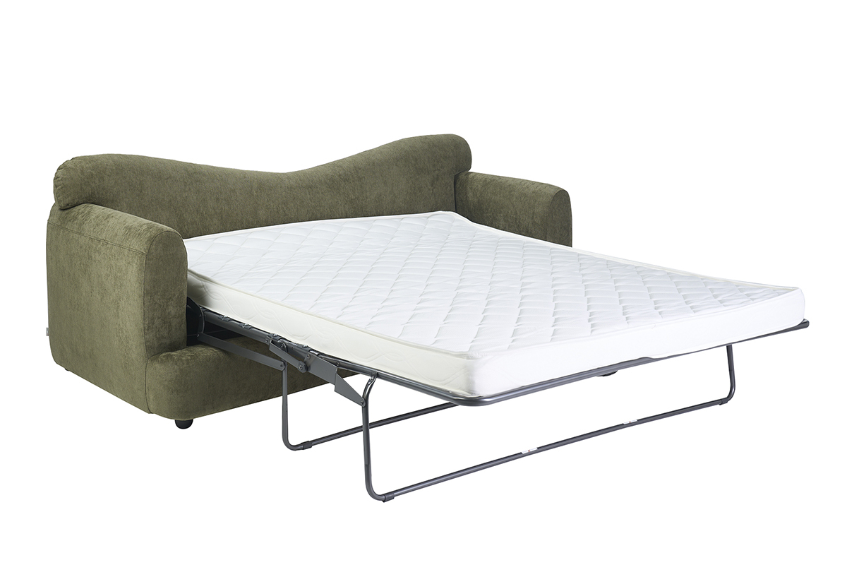 Divano letto sfoderabile verde kaki, modello SACHA, con materasso aperto, vista a 3/4.