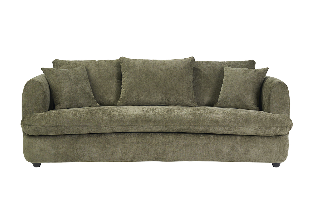 Divano letto 3-4 posti design fagiolo in tessuto effetto velluto testurizzato verde kaki davanti con cuscini