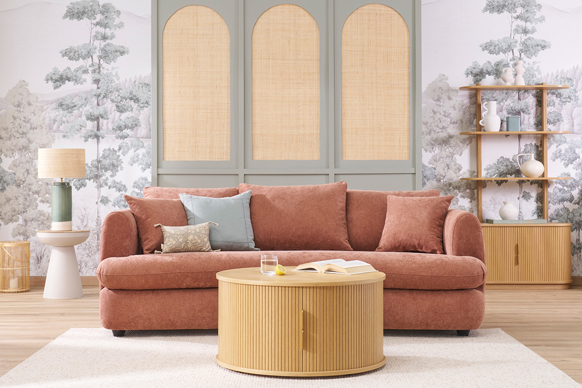 Divano letto sfoderabile design a fagiolo per 3-4 posti, vista frontale.