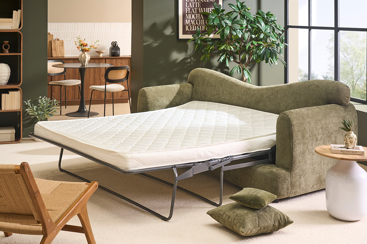 Divano letto sfoderabile 3-4 posti dal design a fagiolo in tessuto effetto velluto testurizzato verde kaki SACHA