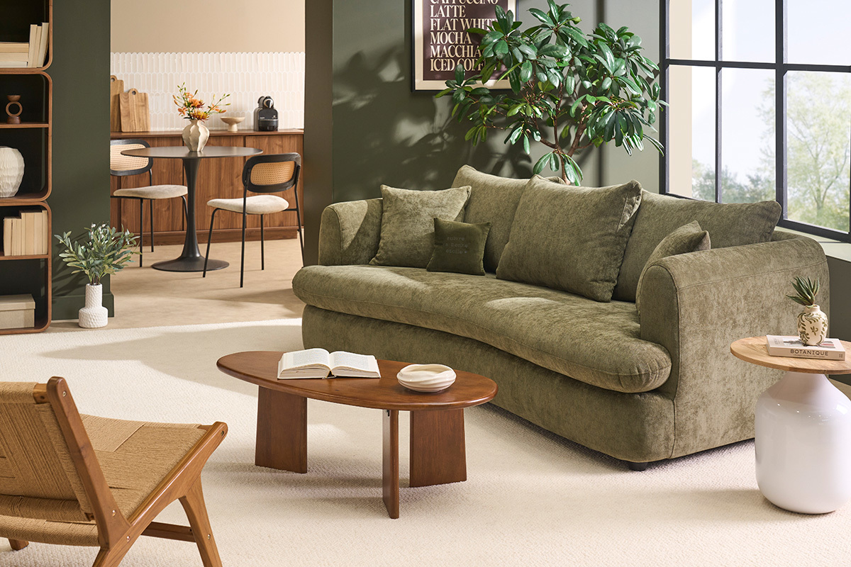 Divano letto sfoderabile 3-4 posti dal design a fagiolo in tessuto effetto velluto testurizzato verde kaki SACHA