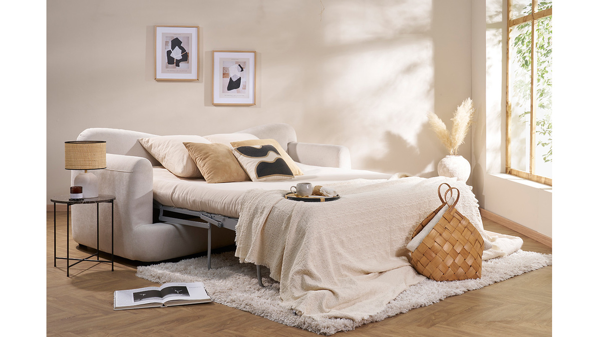 Divano Scandinavo 3 Posti In Tessuto Effetto Velluto Testurizzato Beige E Legno Chiaro Freema 54292 64d253554f043 1200 675