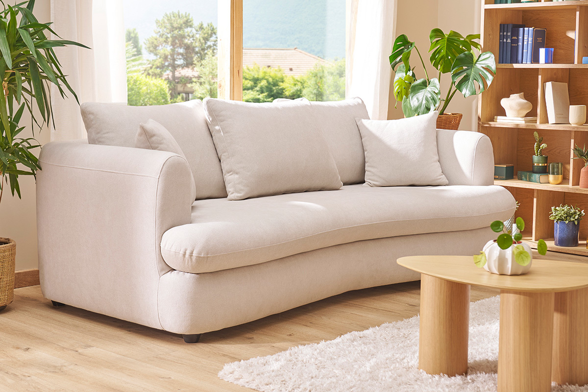 Divano letto sfoderabile 3-4 posti forma a fagiolo in tessuto effetto velluto beige chiaro SACHA