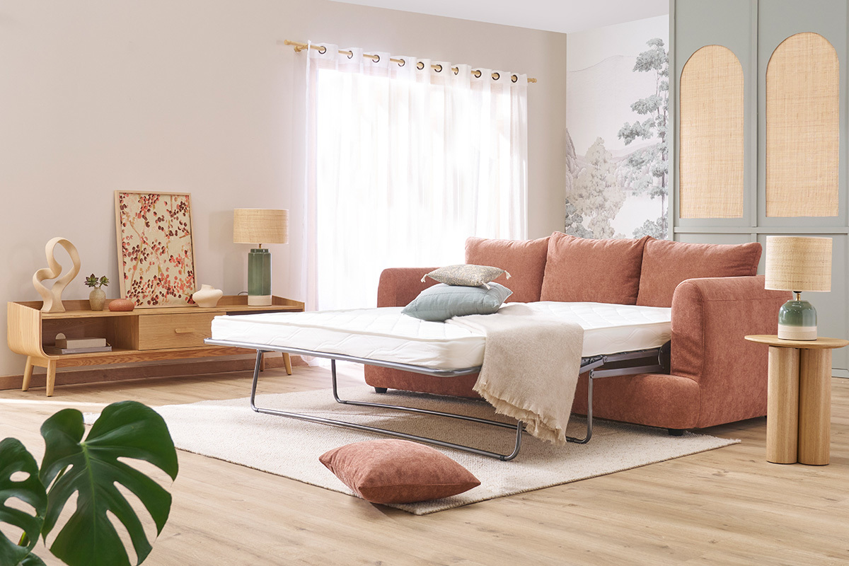 Divano letto sfoderabile 3-4 posti forma a fagiolo in tessuto effetto velluto color terracotta SACHA