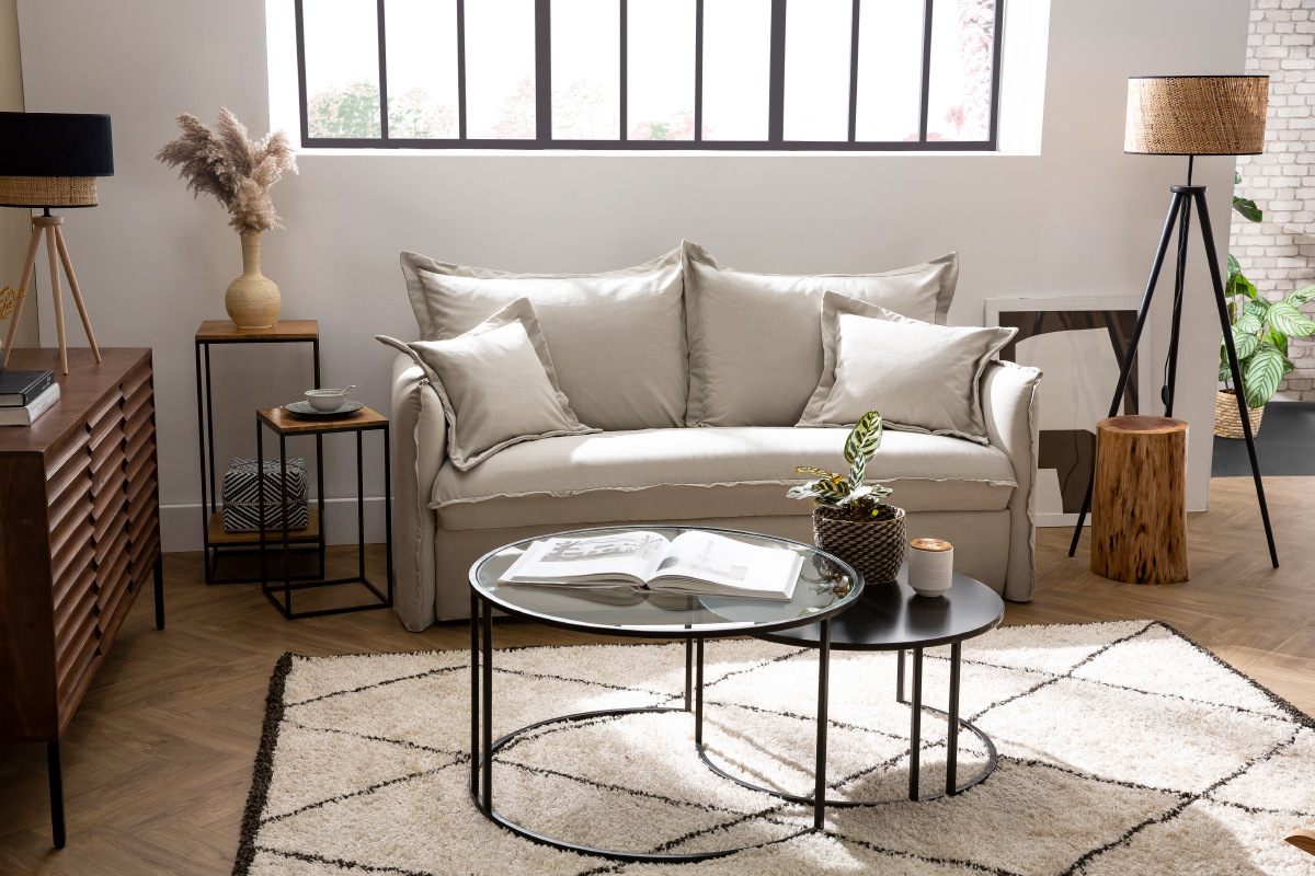Divano letto sfoderabile in cotone beige ALDO
