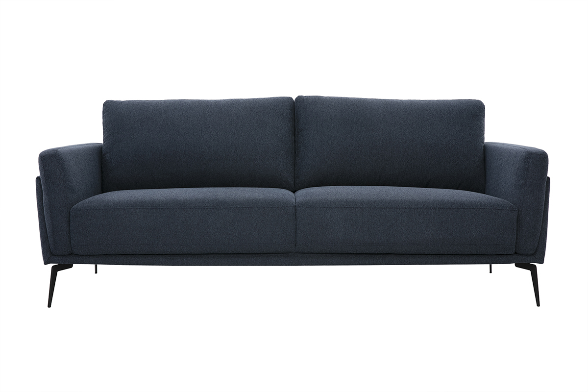 Divano moderno a 3 posti in tessuto effetto velluto blu scuro e metallo nero MOSCO