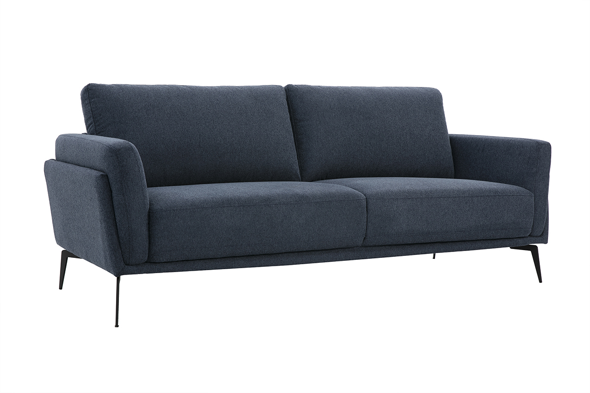 Divano moderno a 3 posti in tessuto effetto velluto blu scuro e metallo nero MOSCO