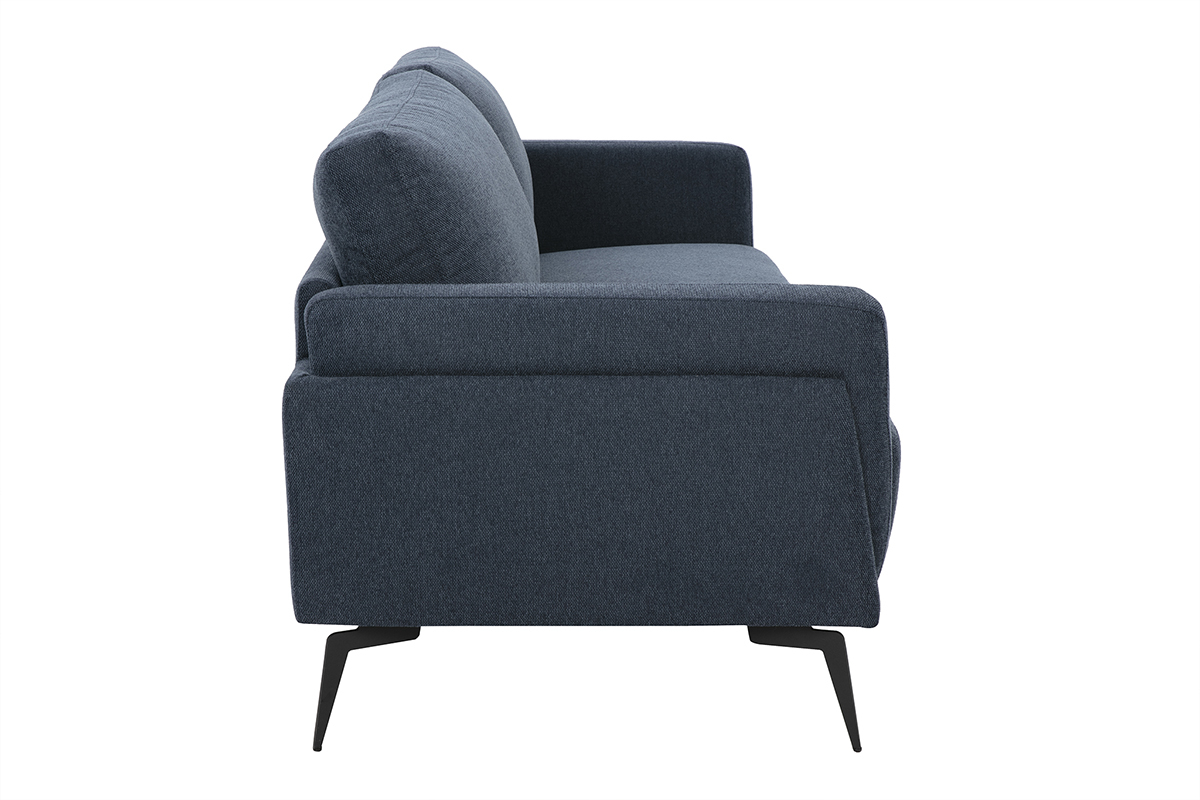Divano moderno a 3 posti in tessuto effetto velluto blu scuro e metallo nero MOSCO