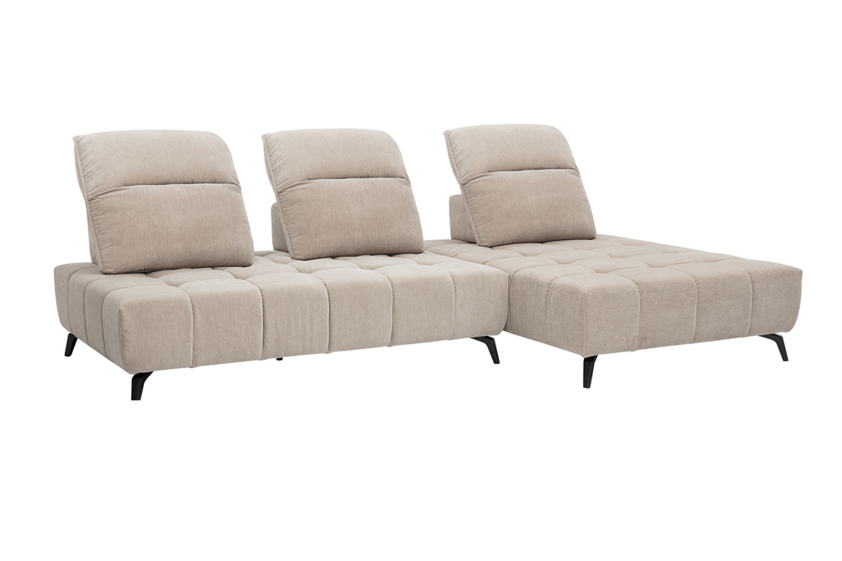 Divano modulabile 4 posti con poggiatesta regolabili in tessuto effetto velluto taupe e metallo nero OLMO