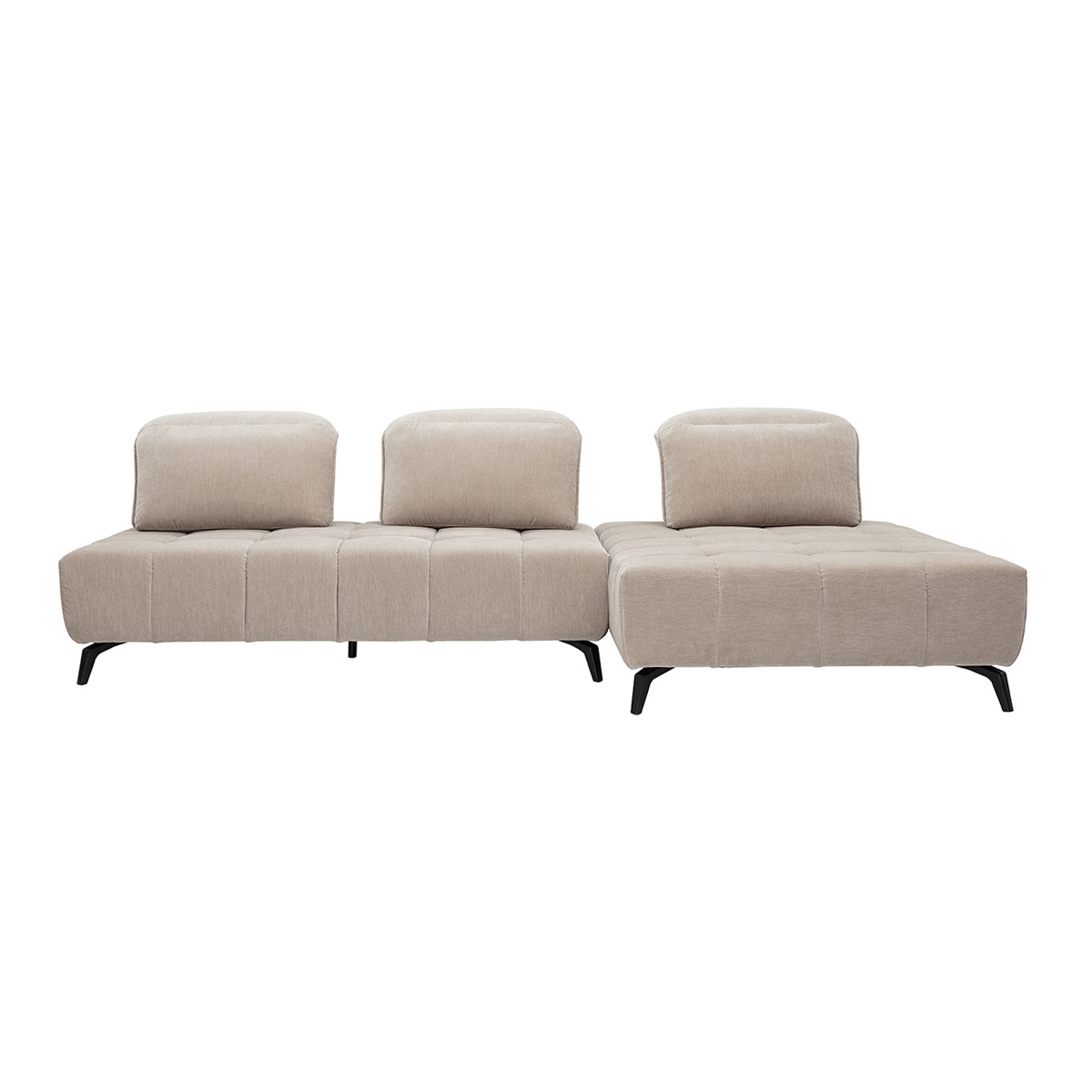 Divano modulabile 4 posti con poggiatesta regolabili in tessuto effetto velluto taupe e metallo nero OLMO