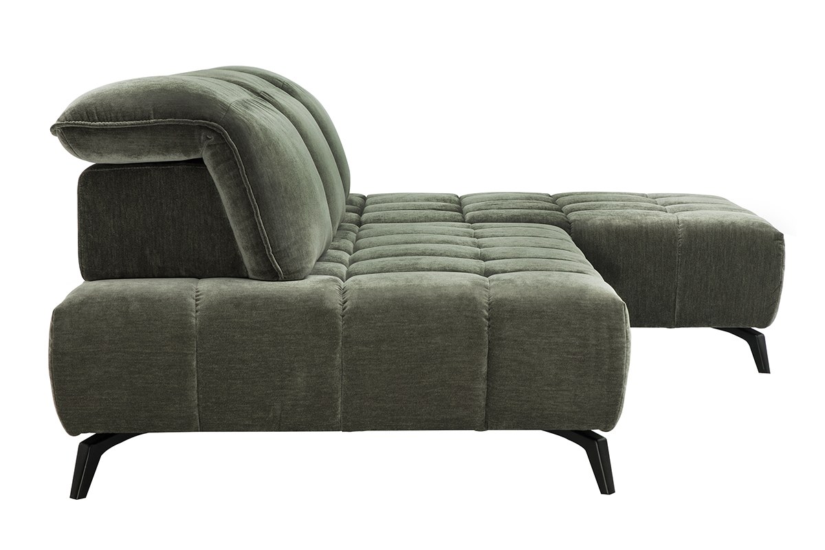 Divano modulare verde kaki 4 posti con poggiatesta regolabili, vista laterale.