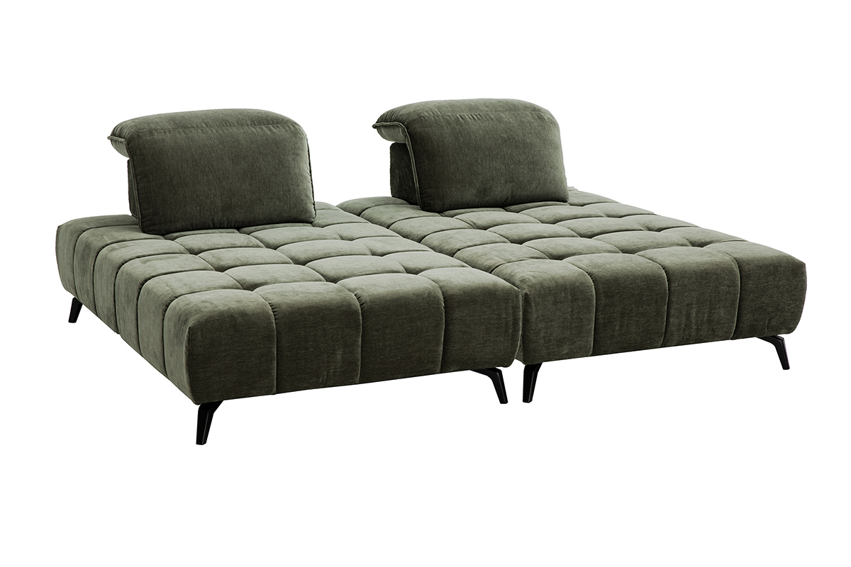 Divano modulare 4 posti verde kaki con poggiatesta regolabili, vista da 3/4.
