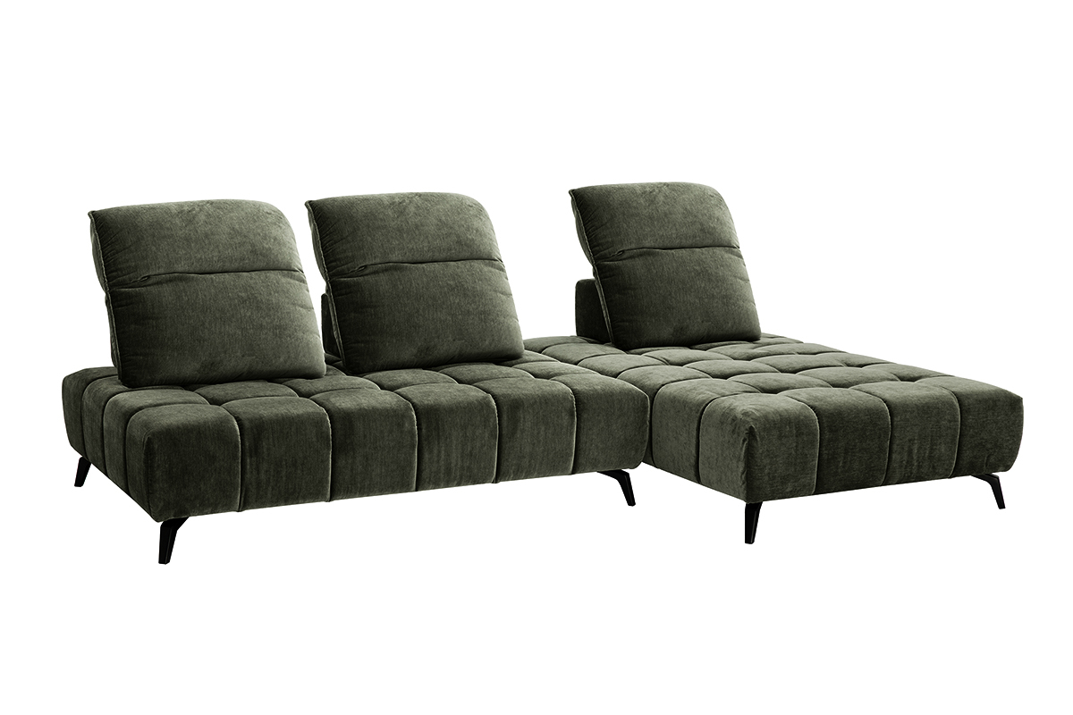 Divano modulabile 4 posti con poggiatesta regolabili in tessuto effetto velluto verde kaki e metallo nero OLMO