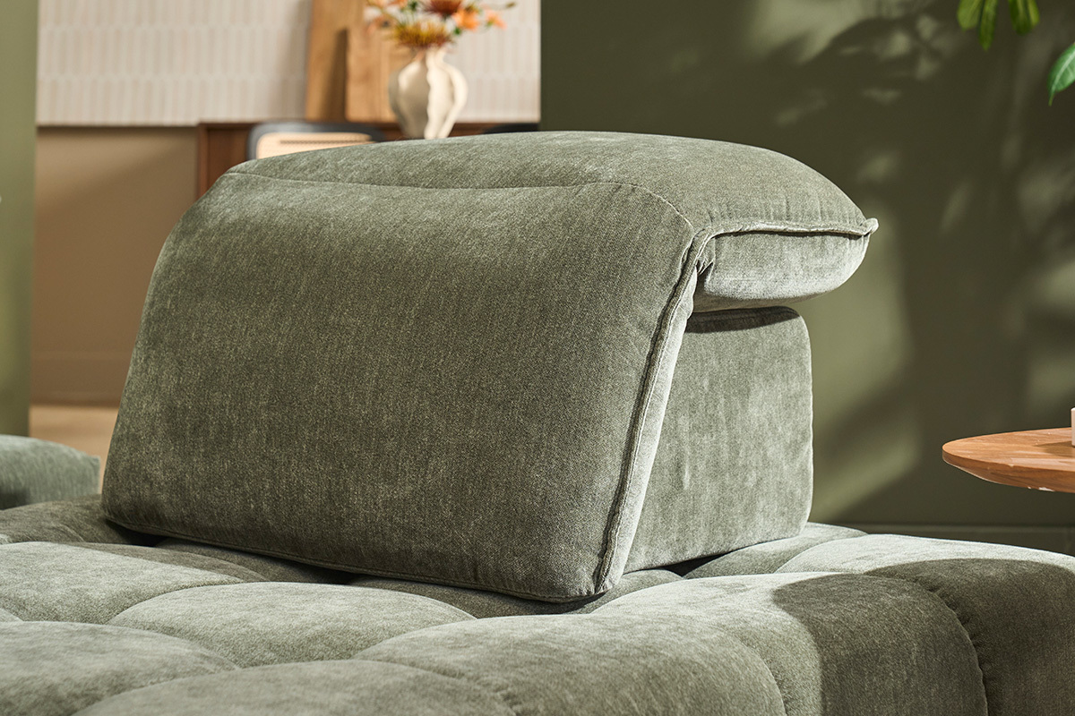 Divano modulabile 4 posti con poggiatesta regolabili in tessuto effetto velluto verde kaki e metallo nero OLMO