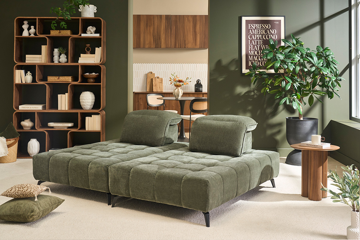 Divano modulabile 4 posti con poggiatesta regolabili in tessuto effetto velluto verde kaki e metallo nero OLMO