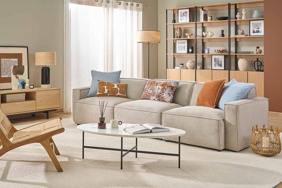 Divano modulabile 4 posti in tessuto effetto velluto testurizzato beige SPLIT