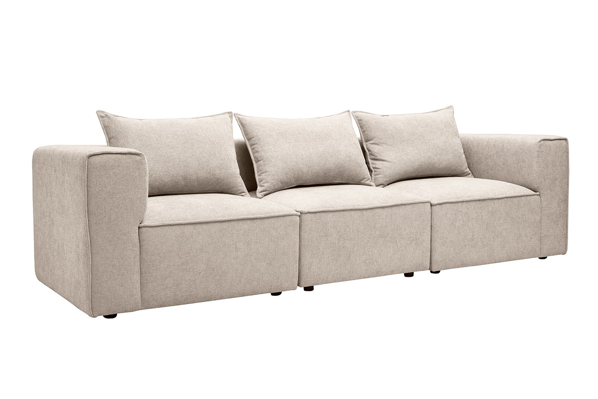 Divano modulare a 4 posti in tessuto effetto velluto testurizzato beige, vista a 3/4 con cuscini